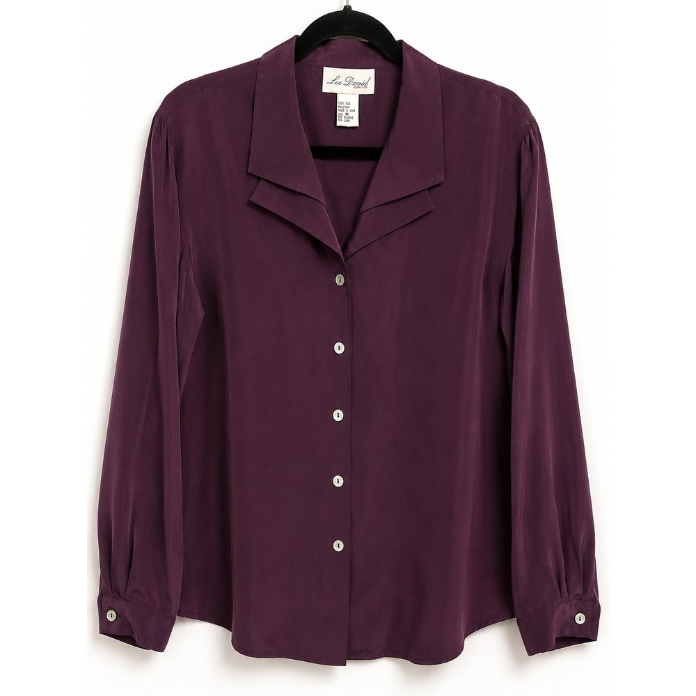 Lee David Collection Silk Blouse M Purple Button Down Mother of Pearl Vintage 90